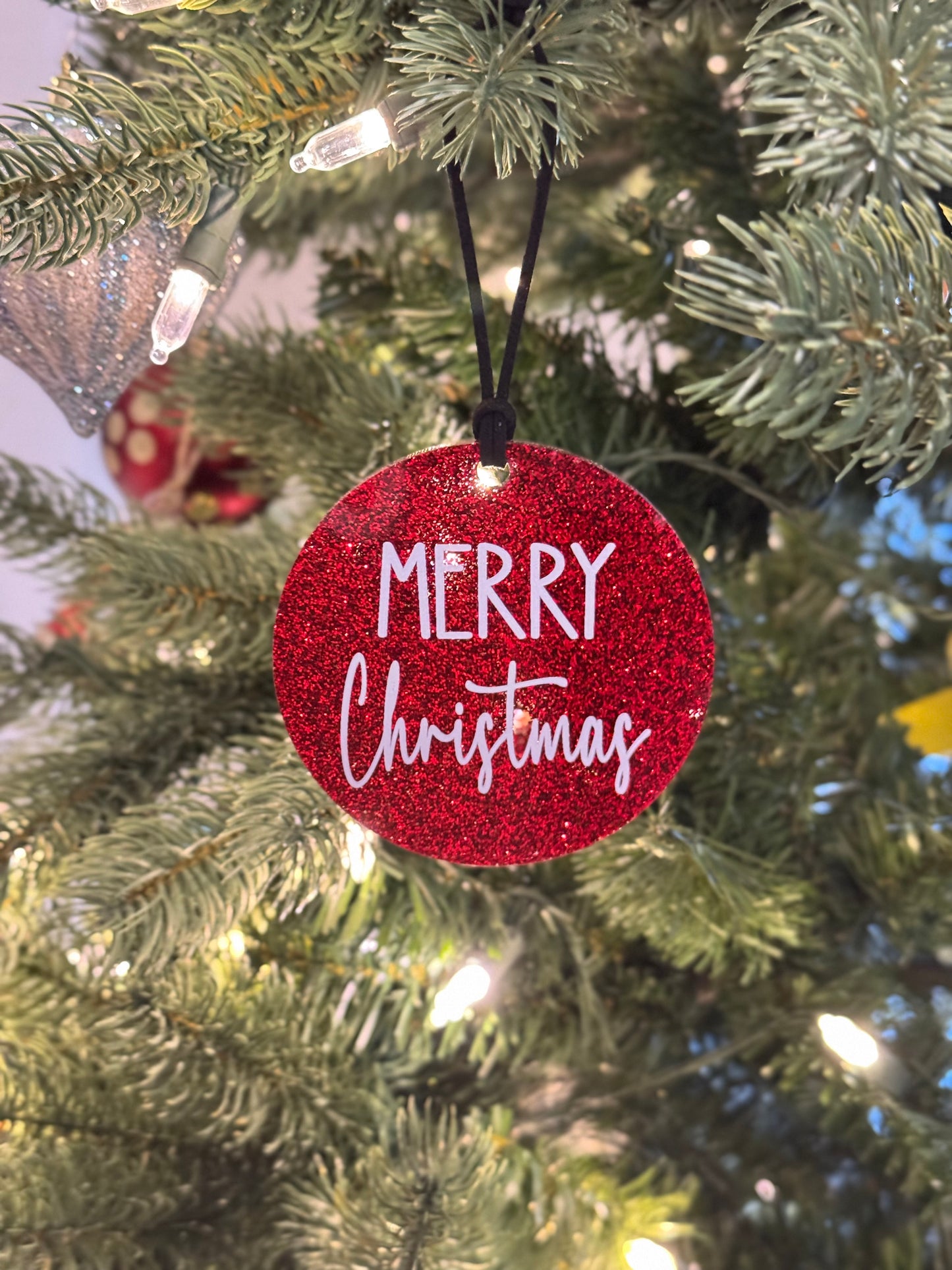 Merry Christmas Red Glitter Acrylic Ornament — Festive Holiday Decor