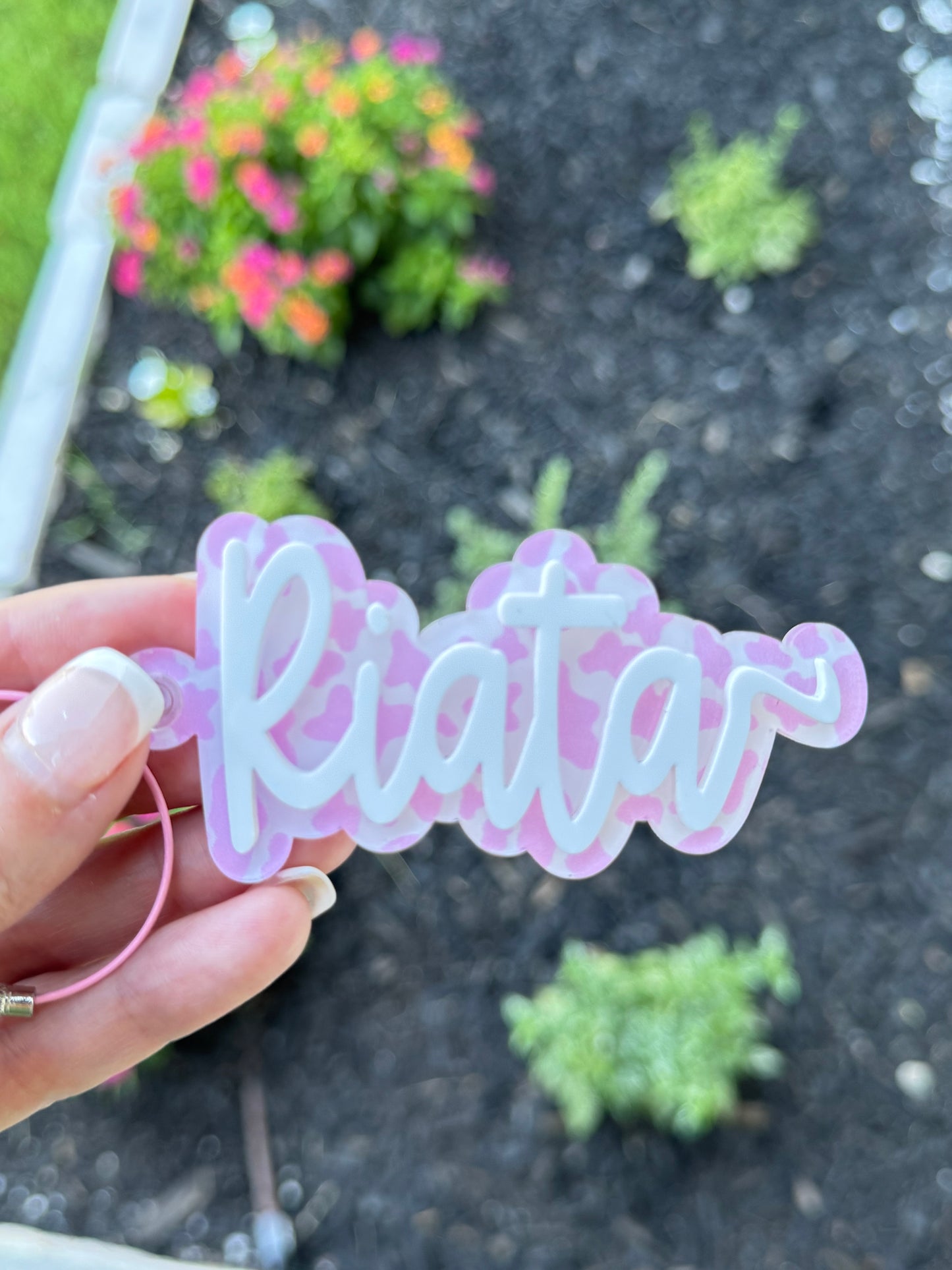 Pink and White Cow Print Personalized Keychains