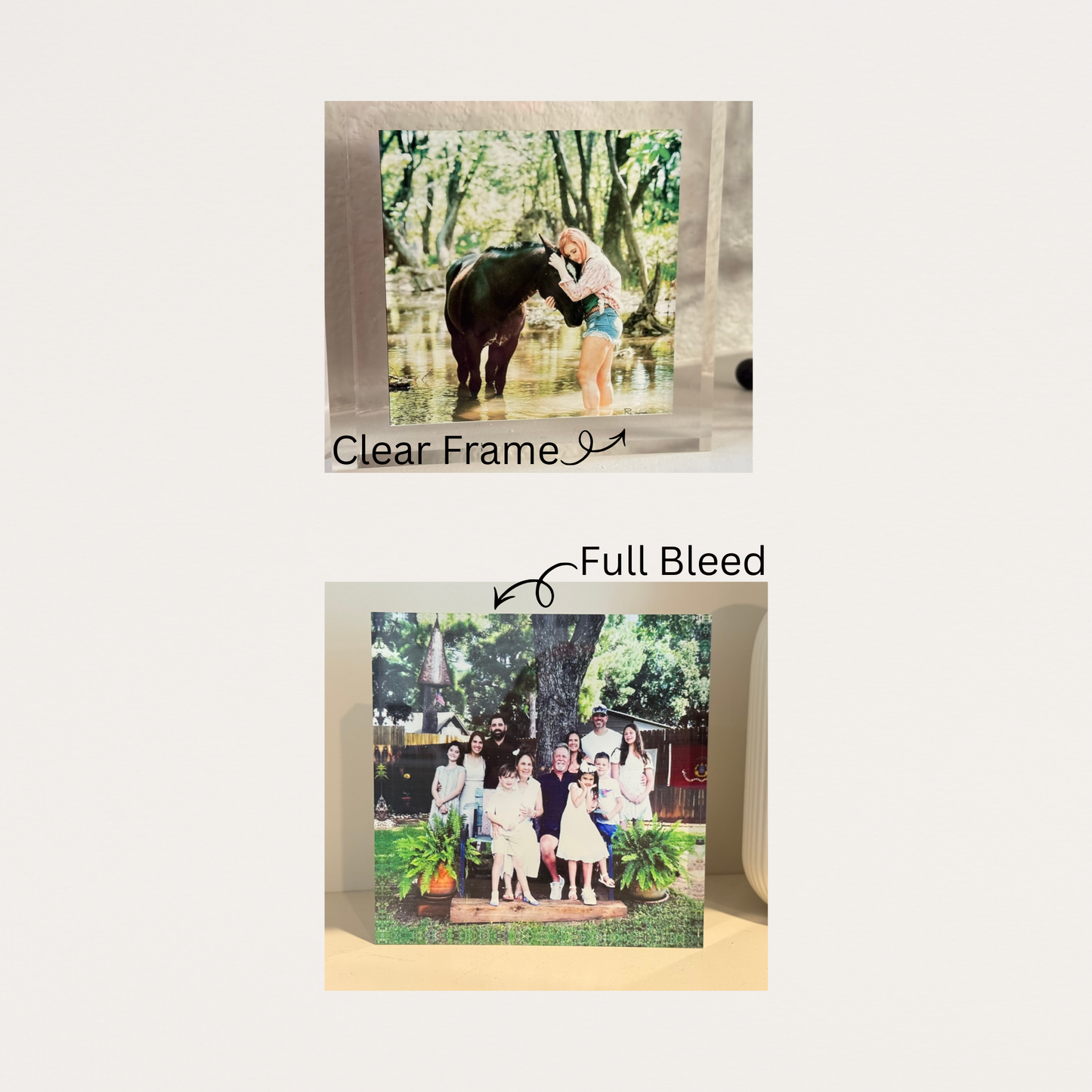 Clear frame with 'Full Bleed' design showing a family photo and horse photo.