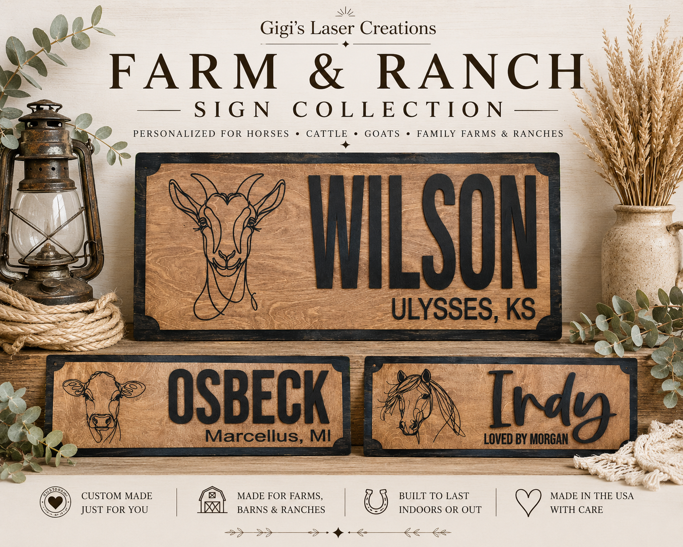 3 signs with livestock line art engraved on them