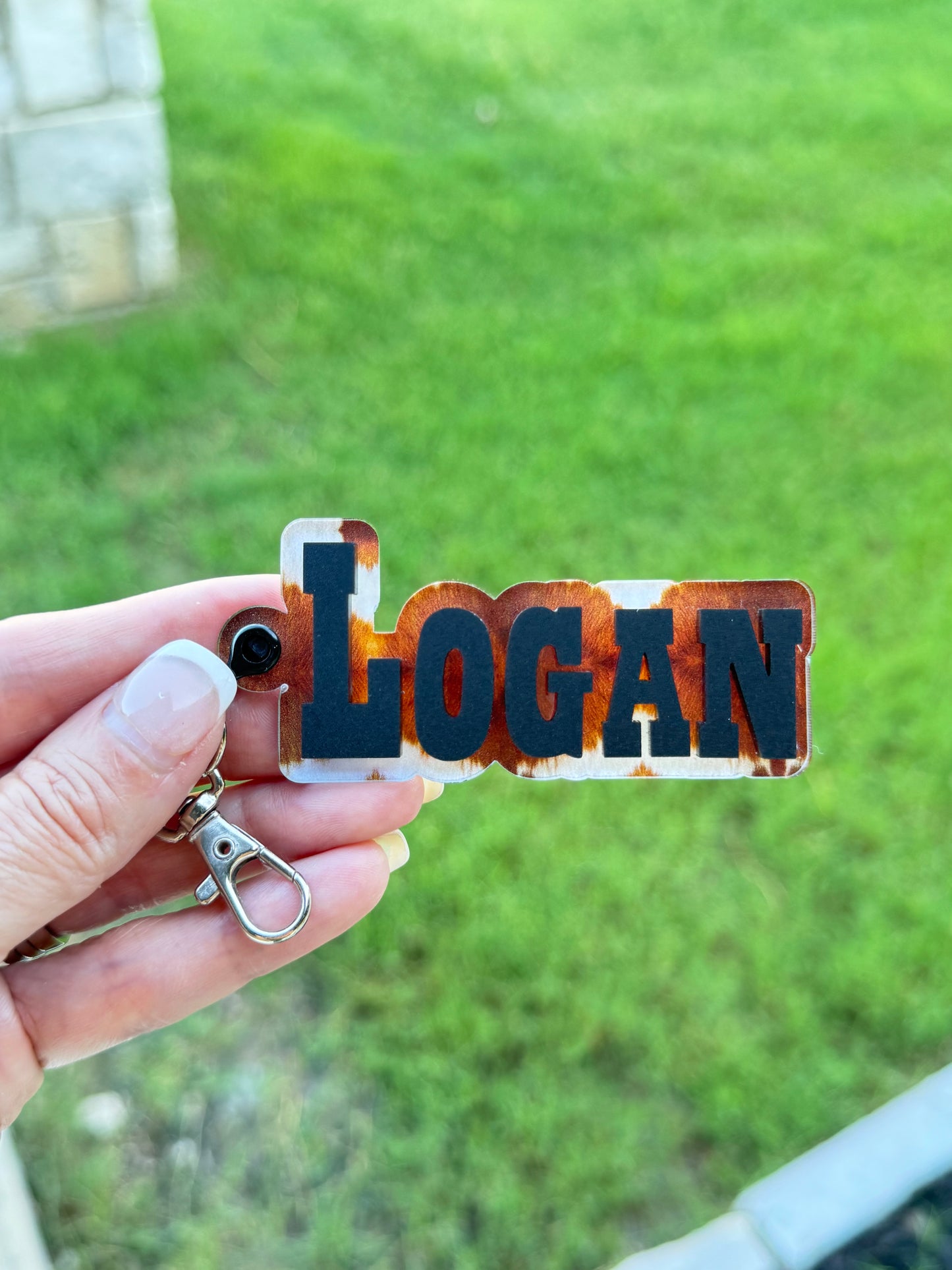 Brown & White Cowhide Personalized Keychain — Western Accessories