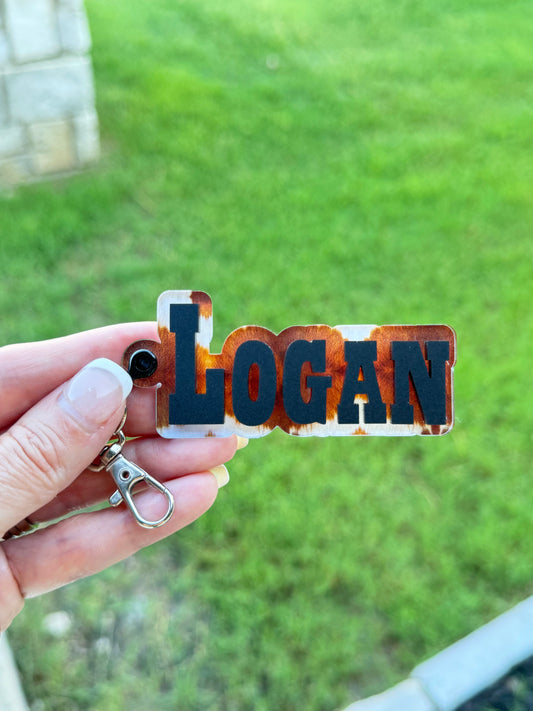 Brown and White Cowhide Personalized Keychains