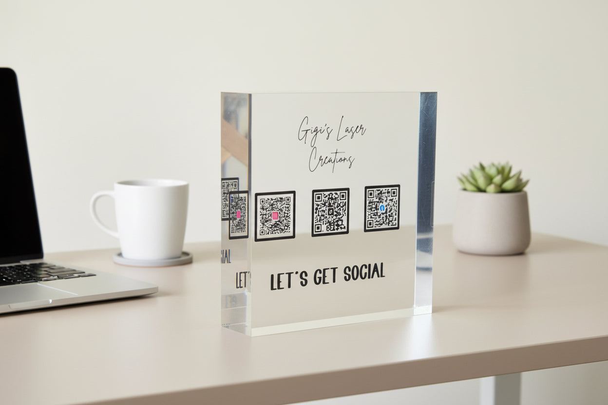 Custom Acrylic QR Code Sign Block for Business | UV Printed Logo Social Media & Website Display