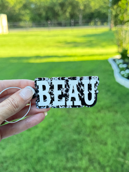 Rustic Black and White Cowhide Personalized Keychains