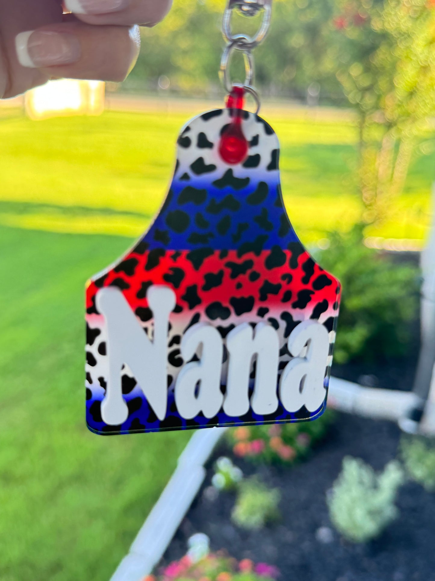 Patriotic Cow Print and Ear Tag Shape Keychain Personalized