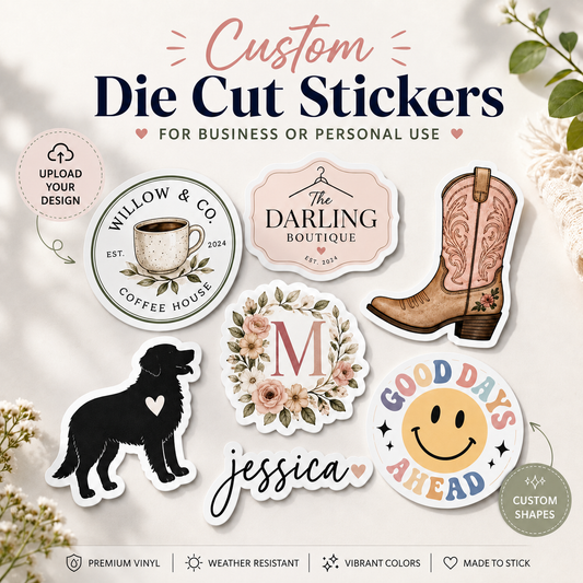 Collection of customizable die-cut stickers with various designs on a light background.