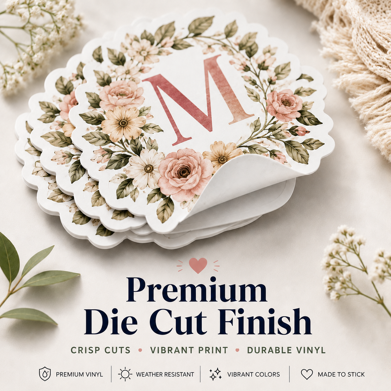 Stack of decorative coasters with floral design and letter 'M' on a light background.