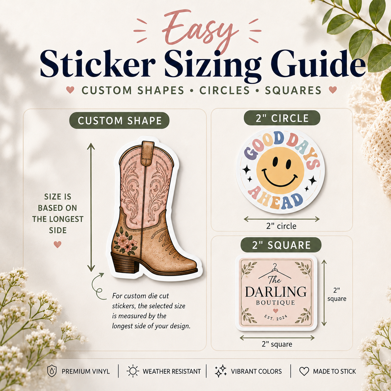 Sticker sizing guide with illustrations of a cowboy boot, circular and square stickers, and text on a light background.