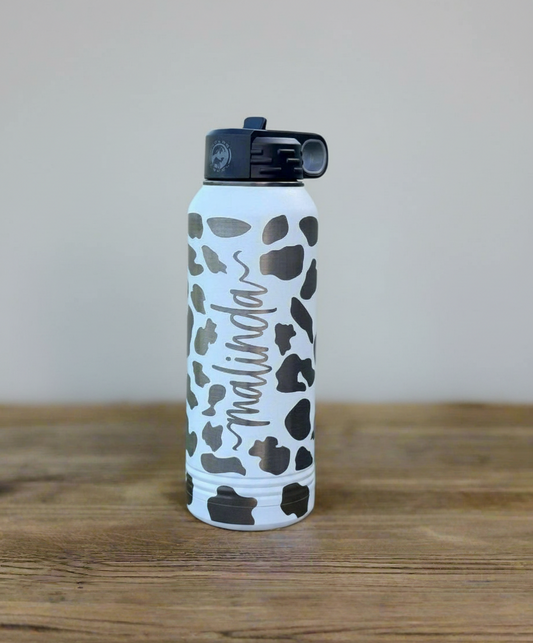 Engraved Cow Print Water Bottle — Personalized Western Gift