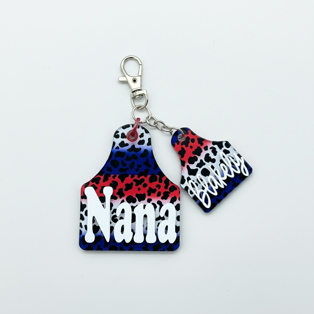 Patriotic Cow Print and Ear Tag Shape Keychain Personalized