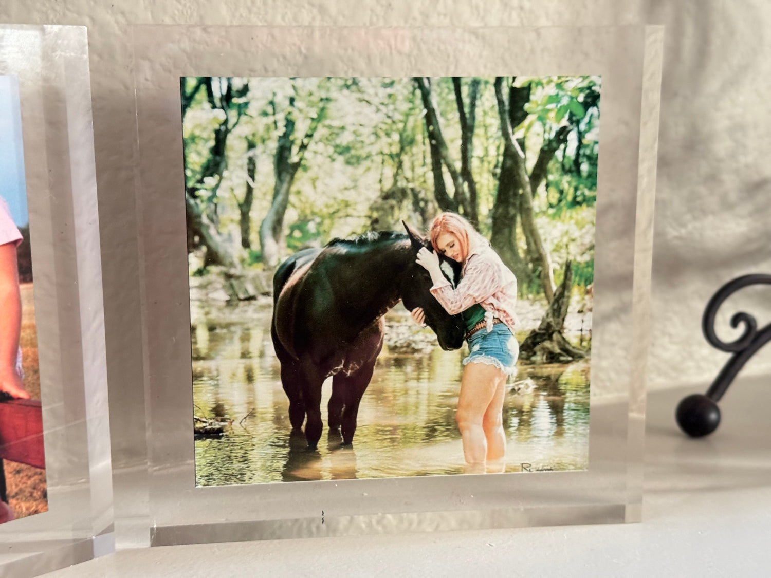 Woman embracing a horse by a water body with trees in the background