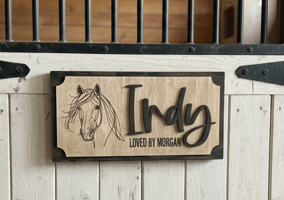 3d horse stall sign with black wood backer then stained wood 2nd layer engraved with line art horse head and owners name. 3rd layer horses name in the font of your choice.
