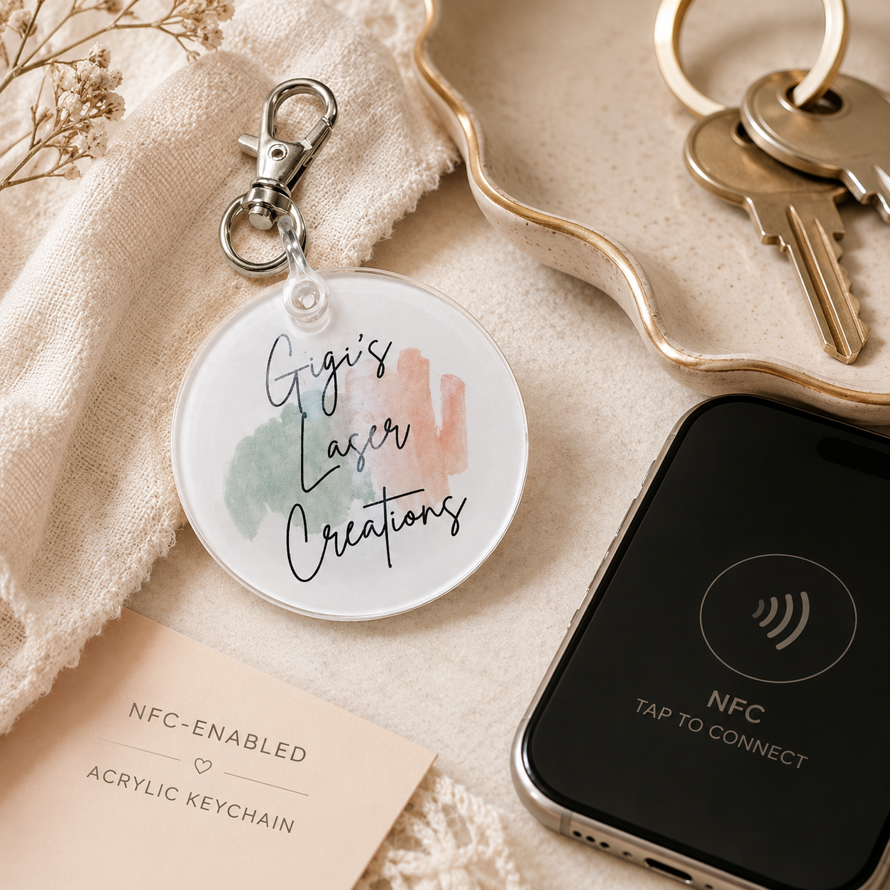 NFC-enabled acrylic keychain with 'Gigi's Laser Creations' branding, placed on a surface with a phone and keys.