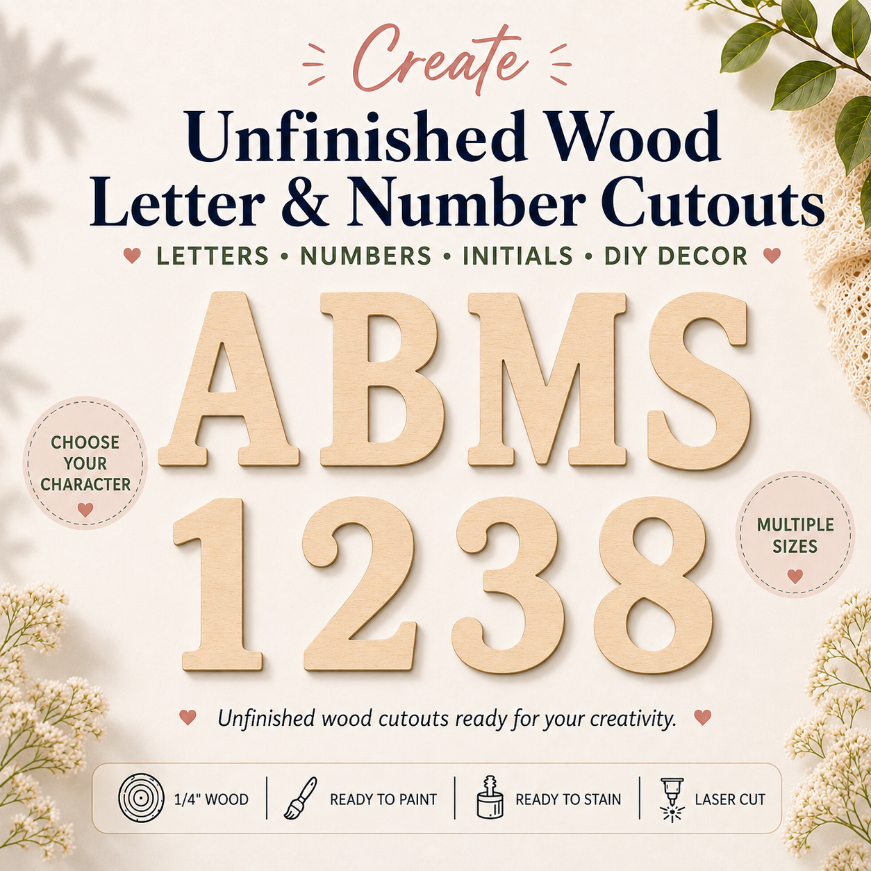 Unfinished wood letter and number cutouts with decorative elements on a light background