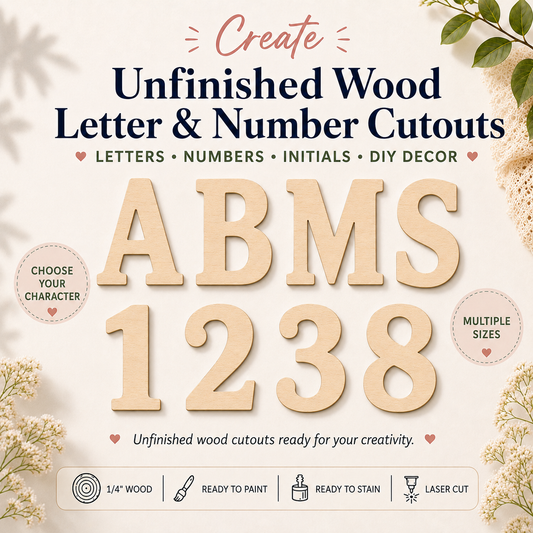 Unfinished wood letter and number cutouts with decorative elements on a light background