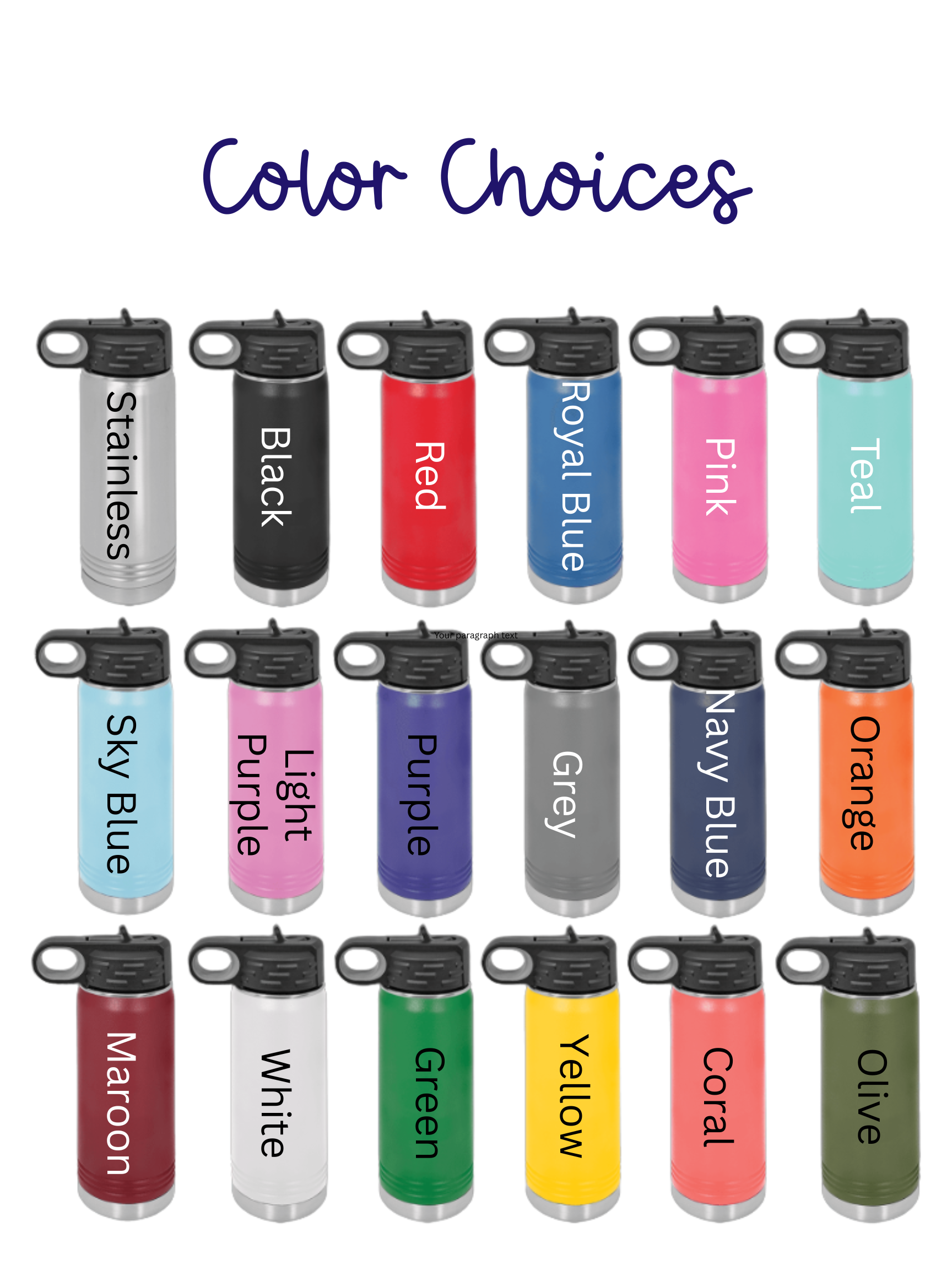 Custom business logo engraved water bottle showing label placement and size options