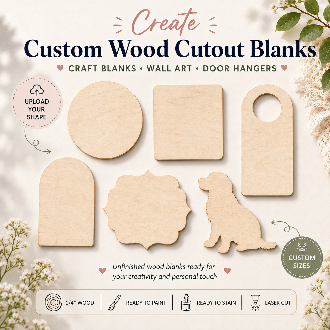 Set of unfinished wood cutout blanks with various shapes on a light background.