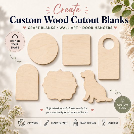 Set of unfinished wood cutout blanks with various shapes on a light background.