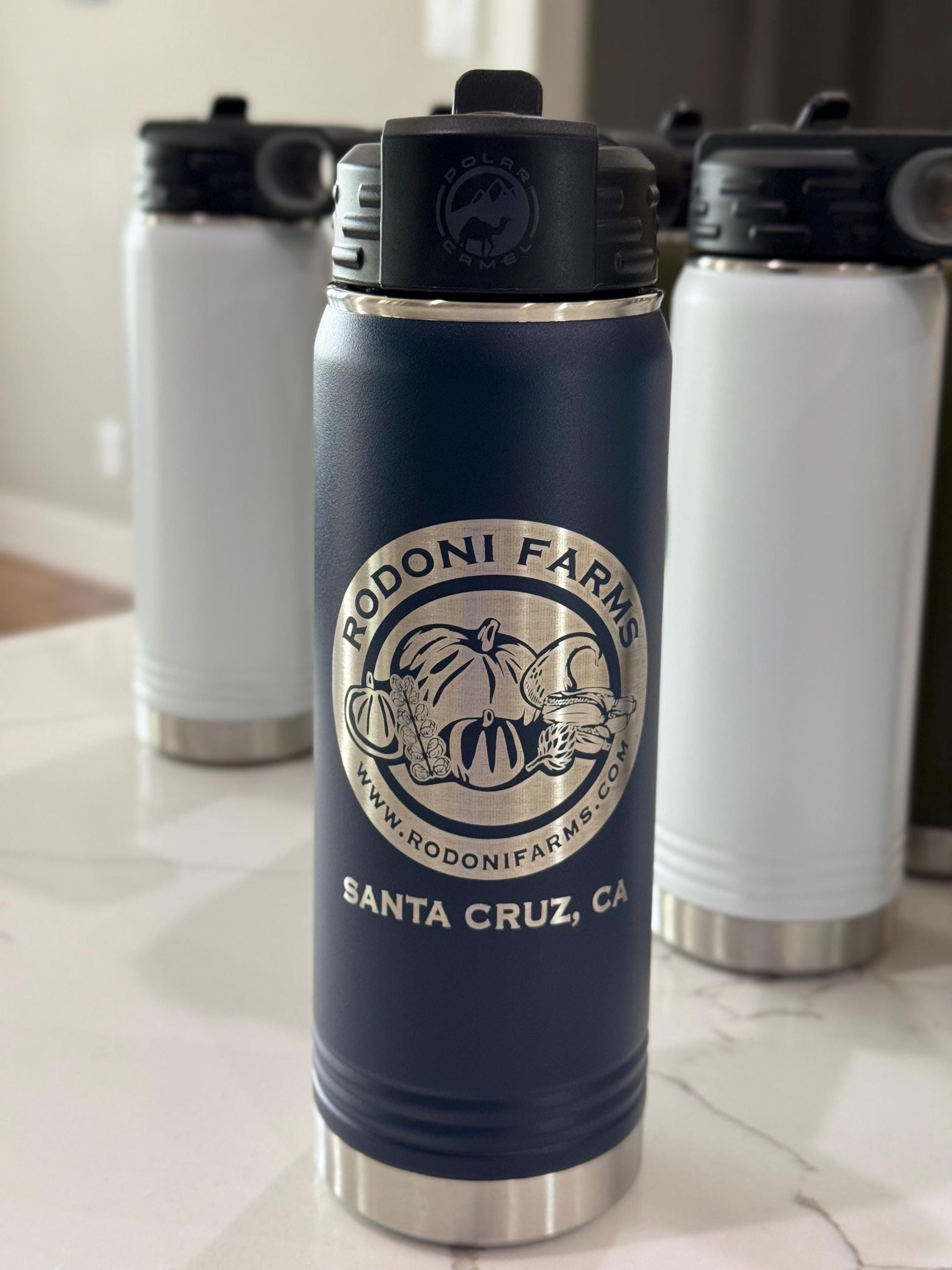 Business logo water bottle showing double-wall insulated construction detail