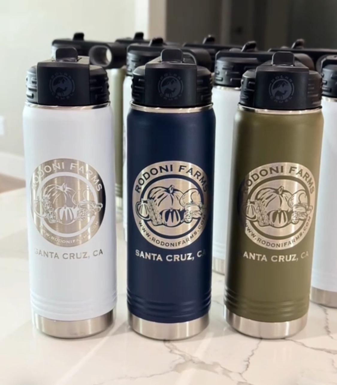 Corporate branded engraved water bottle showing logo quality and finish options